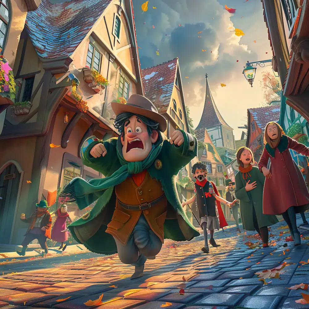 Panicked townspeople run through the streets in confusion