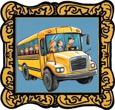 Audio Story in a gold frame: A yellow bus driving with children looking out the windows - Classic Children’s Nursery Rhyme