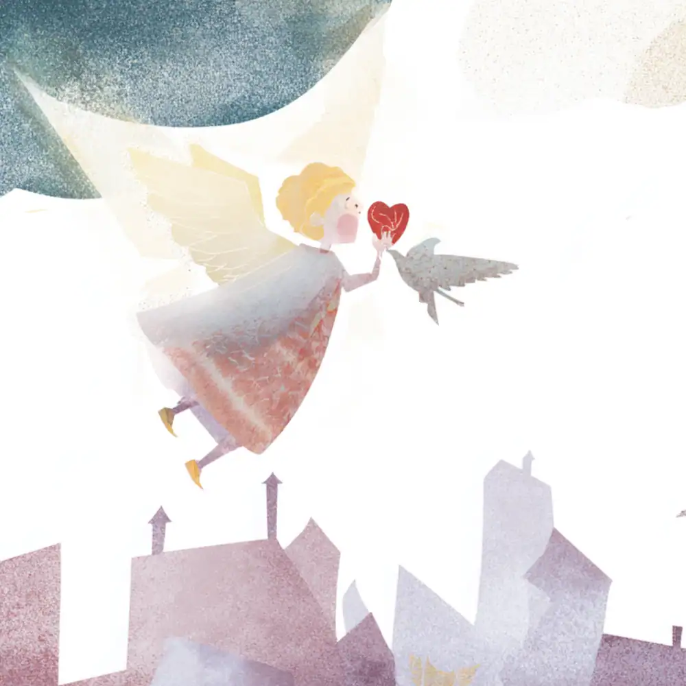 Angel carrying a heart while a bird flies beside her over rooftops