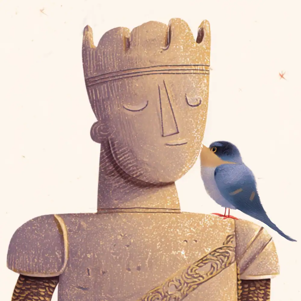 Swallow kissing the statue’s cheek in the cold