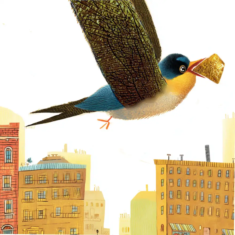 Swallow flying over city with a flake of gold leaf in its beak