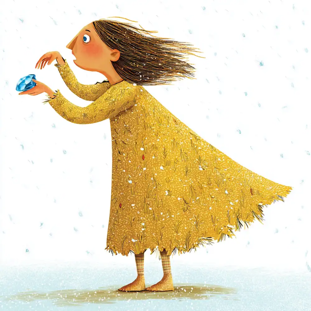 Barefoot match girl holding a bright blue sapphire in the snow