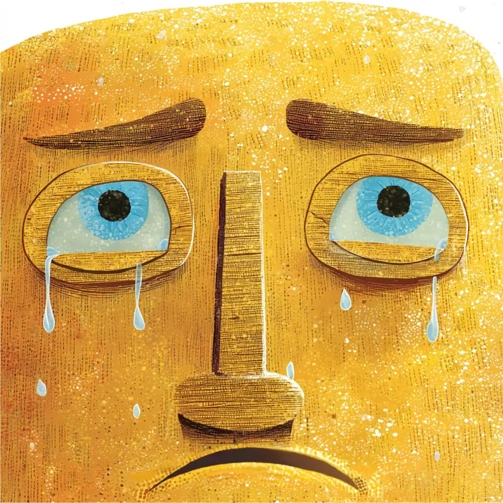 Close-up of the Happy Prince with sapphire eyes crying