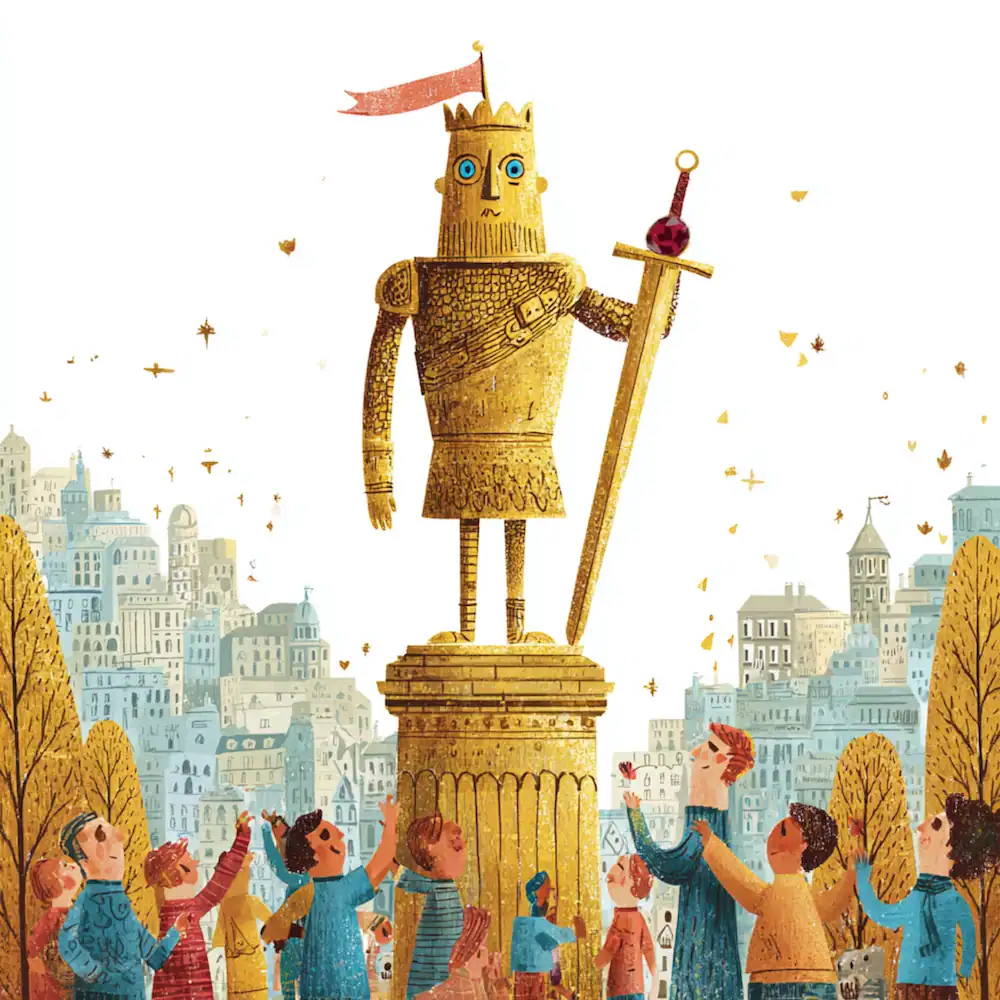 The Happy Prince statue of gold stands above a city while people look up