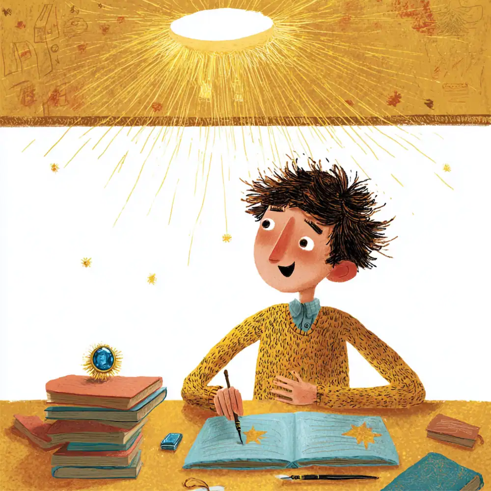 Smiling student in attic room with a glowing sapphire on the desk
