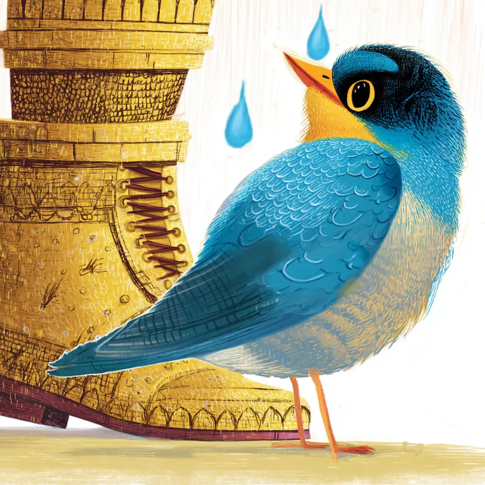 Blue swallow sheltering by the Happy Prince’s golden boot