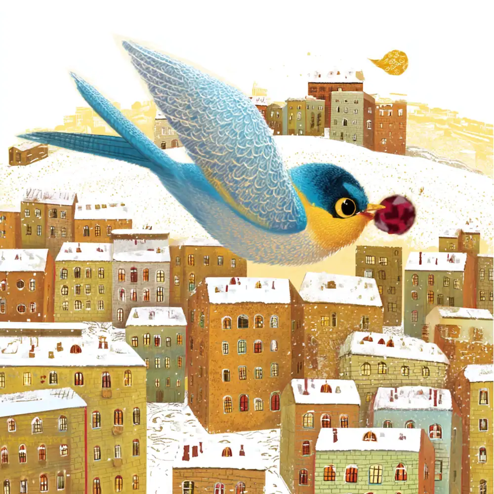 Swallow flying over rooftops with a red ruby in its beak
