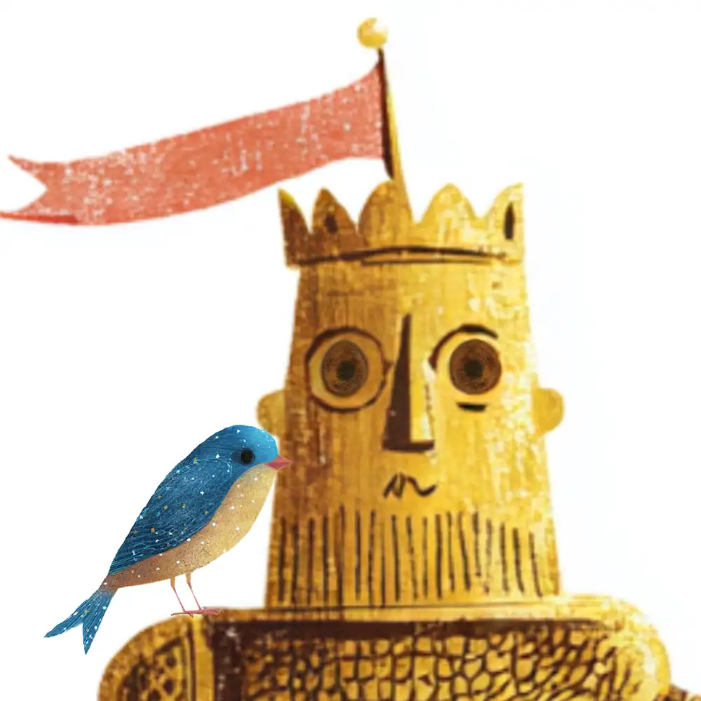 Swallow perched by the Happy Prince’s face under a fluttering flag