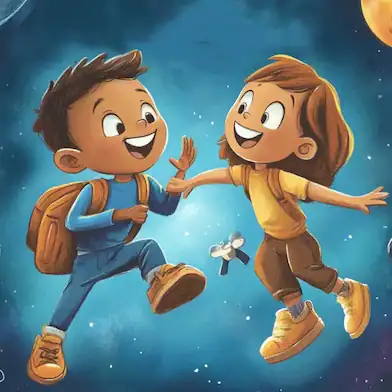 boy and girl floating in space