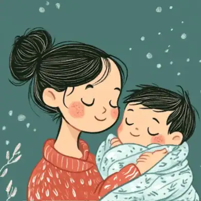  A calming illustration of a baby rocking gently in a cradle under a serene, starry sky, symbolizing the soothing charm of the lullaby "Rock-a-Bye Baby."