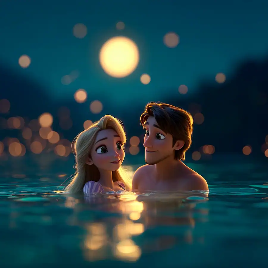 Princess and prince swimming under moonlight