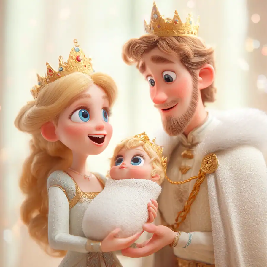 King and Queen holding their baby princess at christening