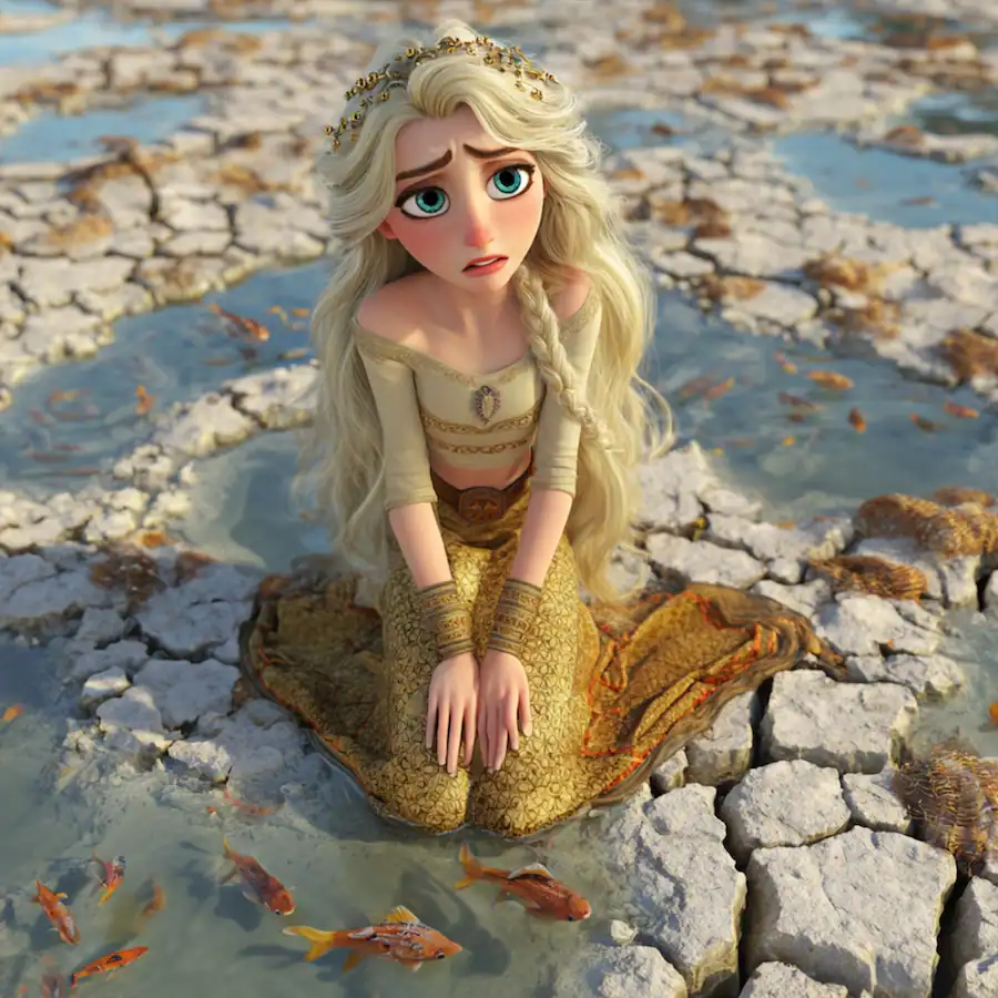 Princess sitting sadly on cracked dry lakebed