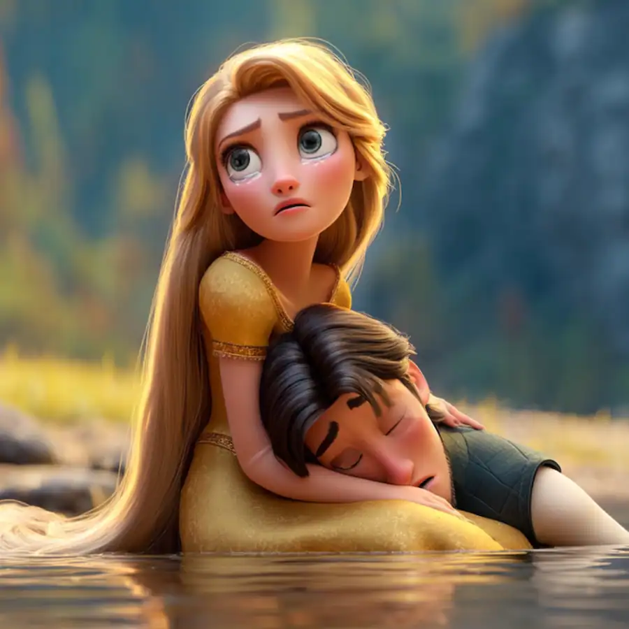 Princess holding prince after pulling him from the lake