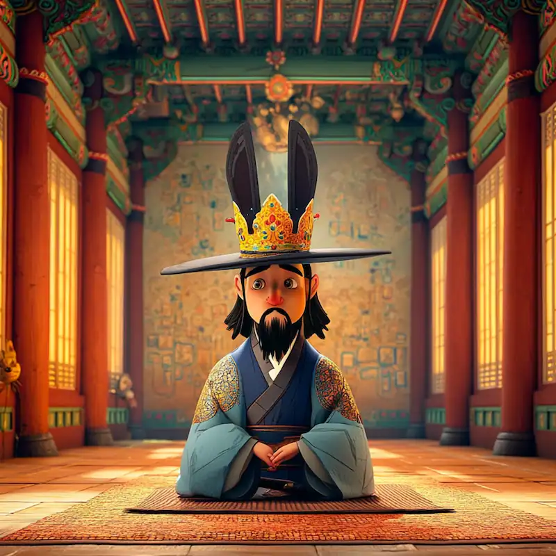 King Donkey Ears kneeling in a Korean palace hall wearing royal robes and a tall crown with hidden donkey ears.