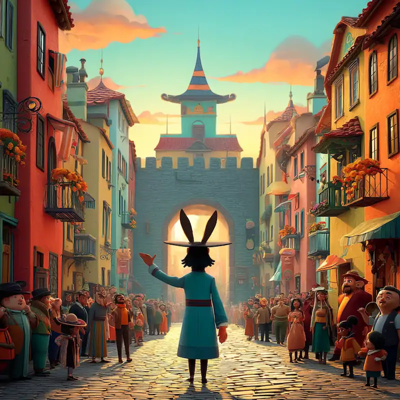 King wearing a hat addresses a crowd in a colourful town street leading to a palace gate at sunset.