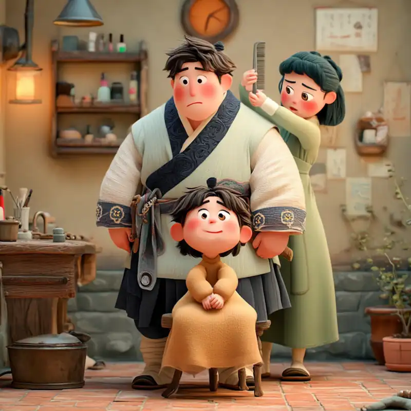 Traditional Korean barber scene with a smiling child in a chair, a concerned man and a woman cutting hair in a cosy home shop.