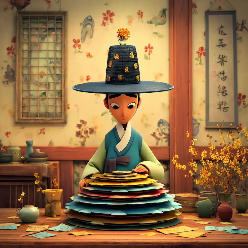 Hat maker in traditional Korean clothing stacking colourful hats on a table in a decorated room.