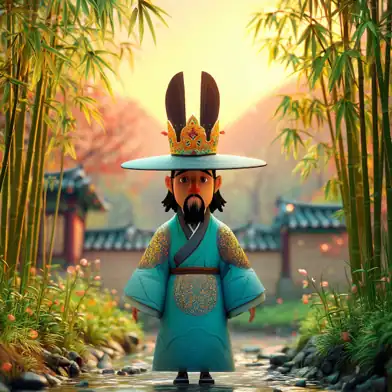 A king in a teal Korean hanbok and crown with long donkey ears in a bamboo forest