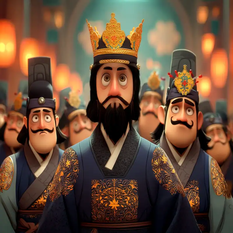Stern king with hidden donkey ears sits on his throne with advisors listening, arms crossed in shock.