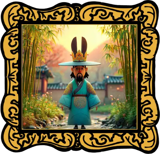 Audiobook cover for ‘King Donkey Ears’ featuring an illustration of the king with donkey ears and traditional Korean motifs.