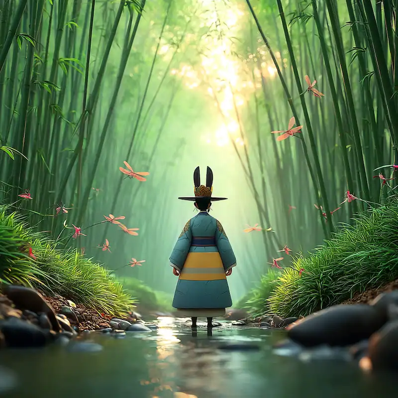 King Donkey Ears Jin stands in a regrown bamboo forest by a stream as dragonflies dance in the golden light.