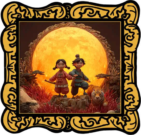 The Sun and the Moon - 2 children standing with the moon in the background