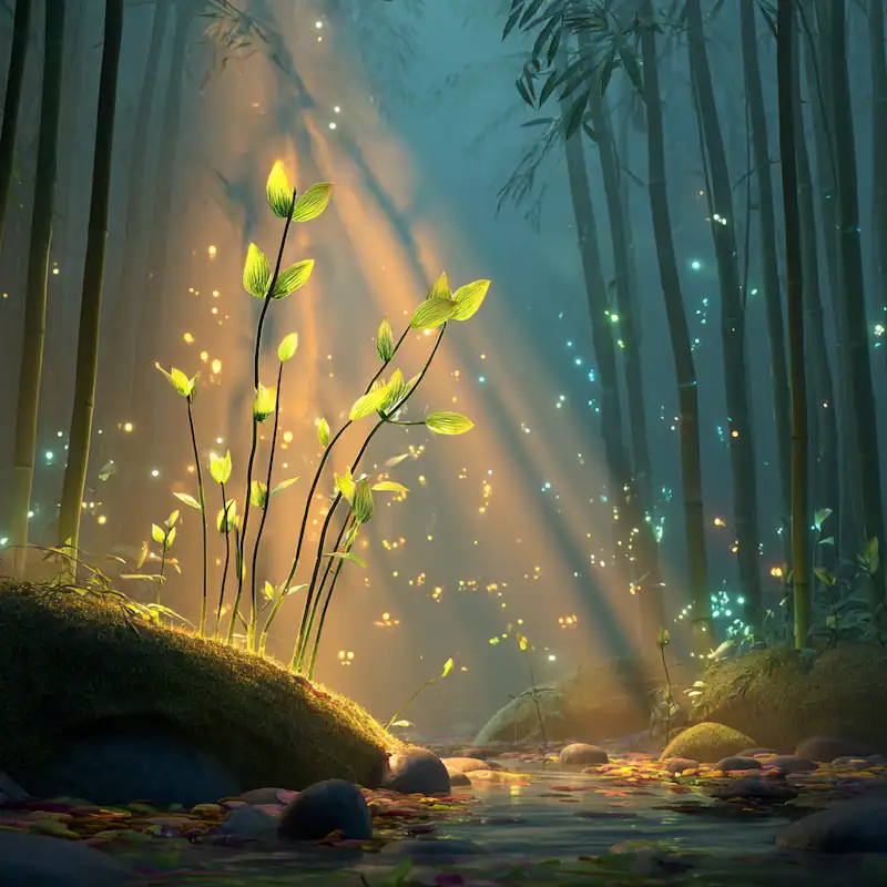 Magical bamboo forest with glowing shoots and fireflies beside a stream, bathed in golden sunlight.