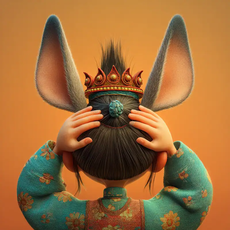 Young royal character with donkey ears holding a crown on their head, wearing a floral robe, seen from behind.