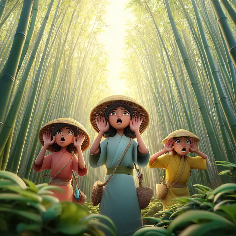 Three villagers wearing straw hats listen in amazement to talking bamboo in a sunlit bamboo forest.
