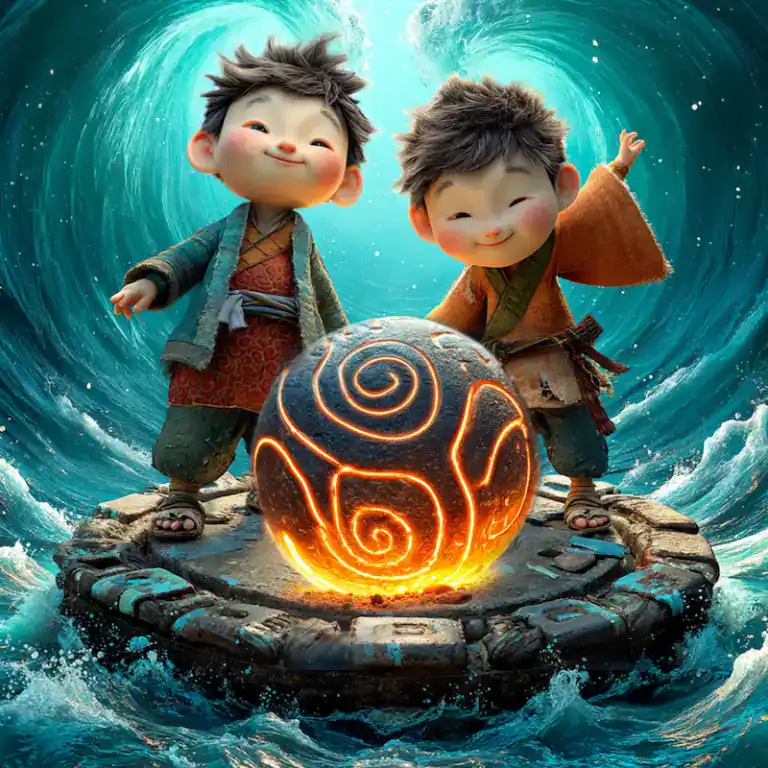 Two joyful boys standing by a glowing orange magical millstone surrounded by massive ocean waves - Why the Sea is Salty