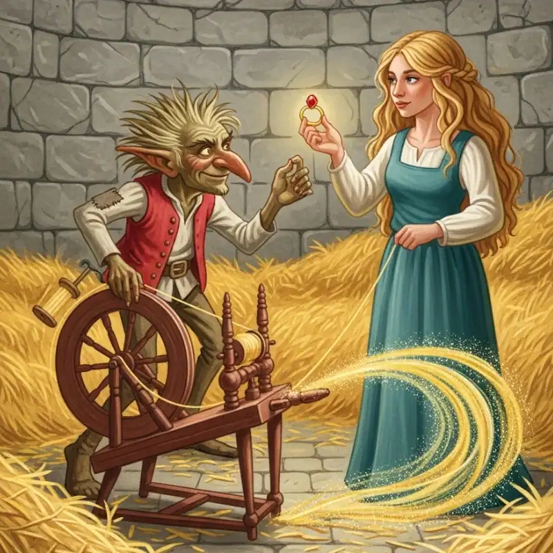 little man took the straw and spun it into a room full of gold, then vanished with a puff of smoke