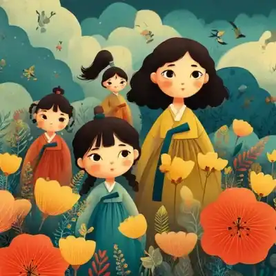 Korean Folklore Woman and three girls walking through a field
