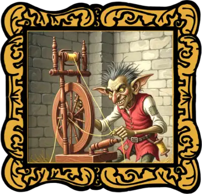 Audio Story in a gold frame: Rumpelstiltskin spinning golden thread in a stone room - Classic Brothers Grimm Fairy Tale