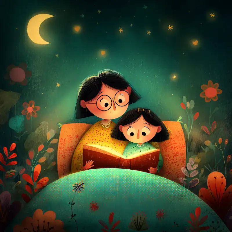 Mother reading easy Korean Folklore to a daughter in bed at night. The stars and moon are in the background