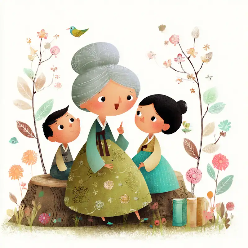 Grandmother telling grandchildren Korean Folklore. They are sitting on a tree stump.