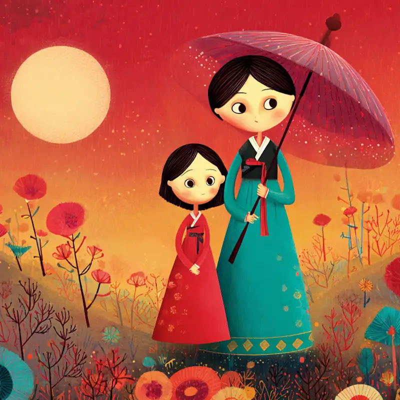 Korean Folklore image showing a mother and daughter in a field of flowers, with the sun in the background