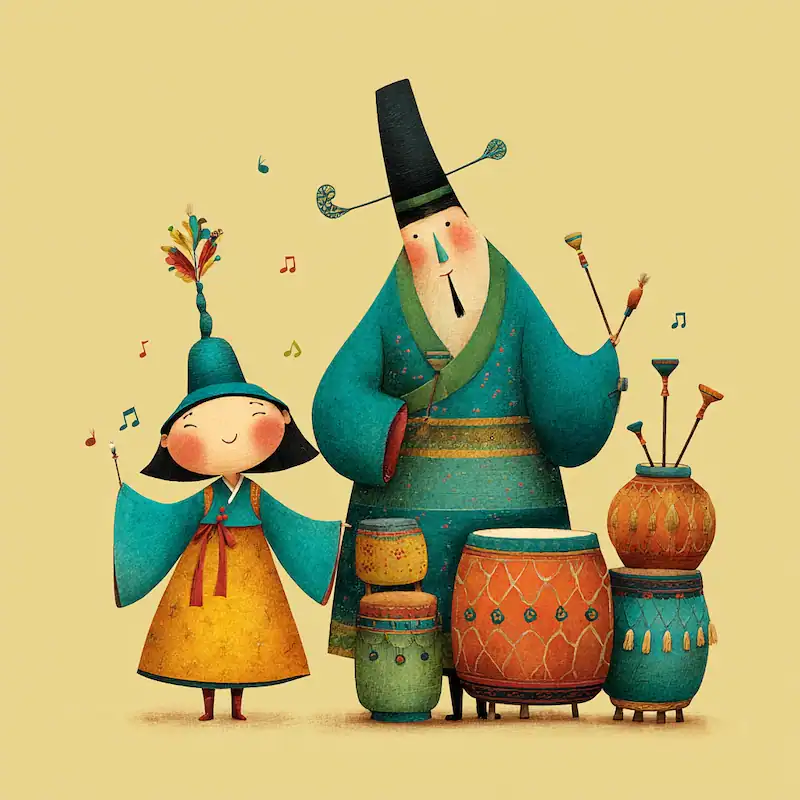 pansori - Image of man and girl telling korean folklore in the form of a song and music