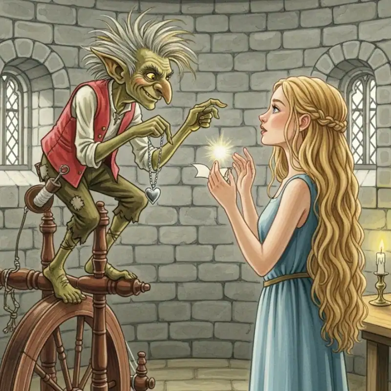 The little man Rumpelstiltskin appears and offers magical help.
