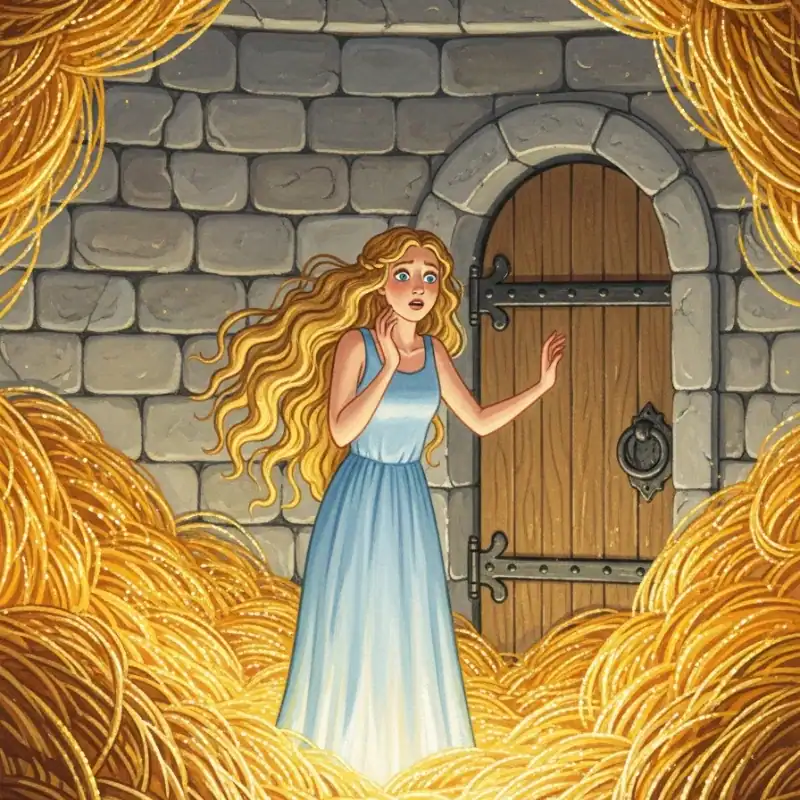 By dawn, the room glows with gold spun by Rumpelstiltskin’s magic.