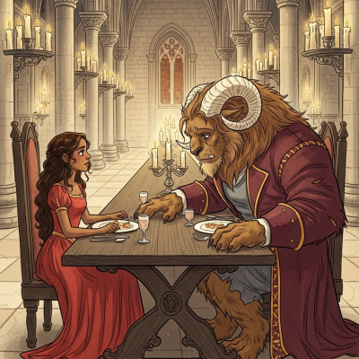 A woman in a red gown and a horned Beast in a regal coat sharing a candlelit meal in a stone hall - Beauty and the Beast