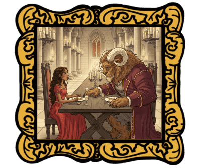 Audio Story in a gold frame: Beauty and the Beast sitting at a long dinner table in a grand castle - Classic French Fairy Tale