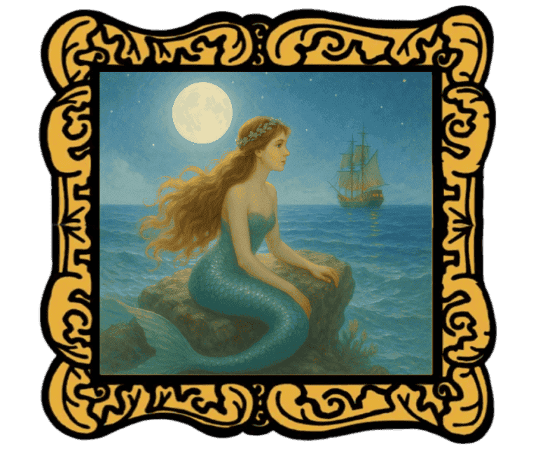 Audio Story in a gold frame: Mermaid sitting by the ocean at night with a sailing ship in the distance - Classic Andersen Fairy Tale