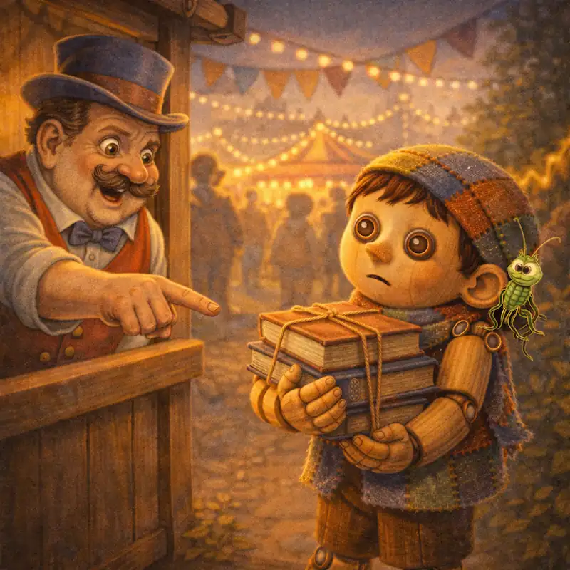 Showman pints at pinocchios books to try and get him to sell them for a ticket