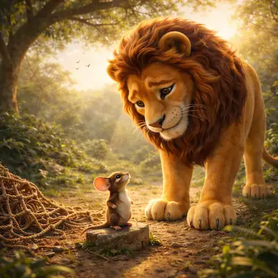 A massive golden lion looking down kindly at a tiny brown mouse standing on a stone near a rope net - The Lion and the Mouse