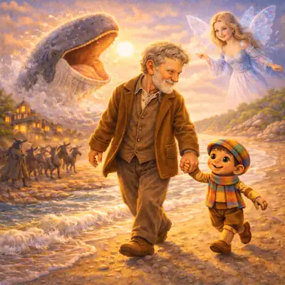 Geppetto and Pinocchio walking on a beach with a giant whale, a Blue Fairy, and donkeys in the background - Pinocchio