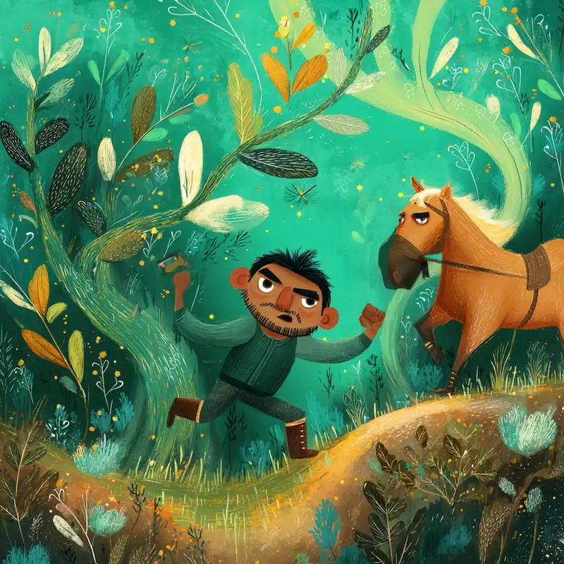 Datu Rey pulls at the forest while his horse resists in Maria Makiling