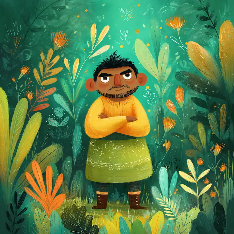 Datu Rey crosses his arms in the forest, showing greed in Maria Makiling