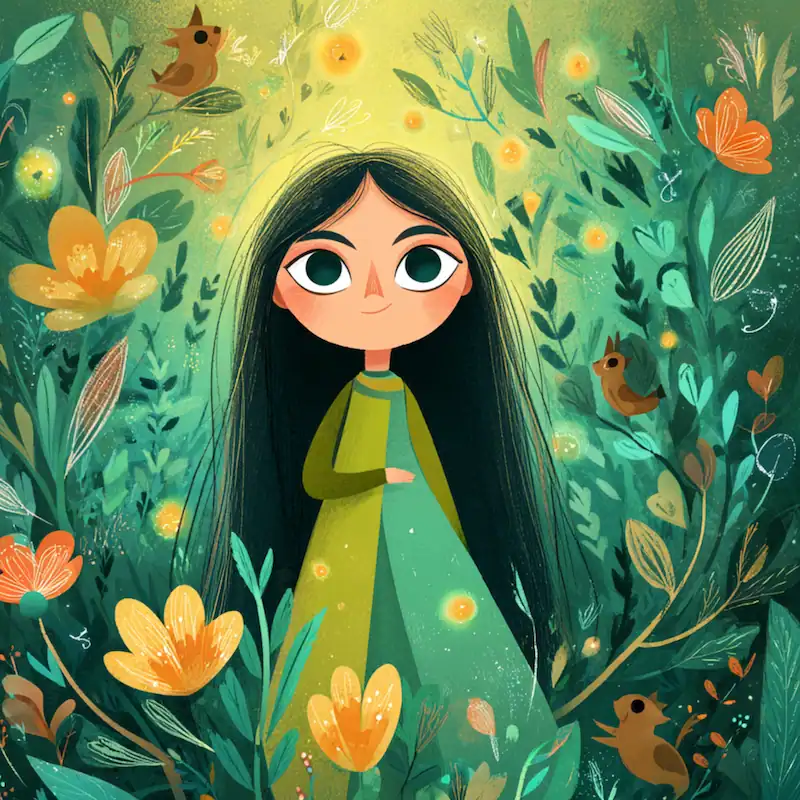 Maria Makiling stands among flowers and birds as the kind spirit of the mountain