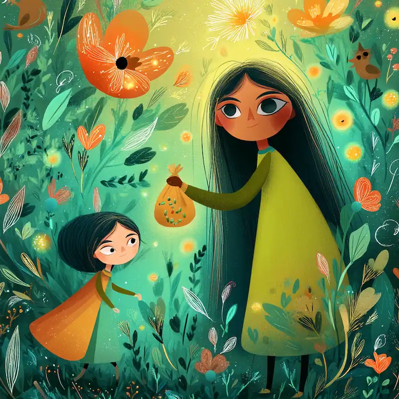 Maria Makiling gives glowing seeds to Ana in the forest